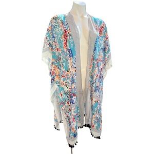 Light Blue Floral Print Kimono with Pom Pom Trim